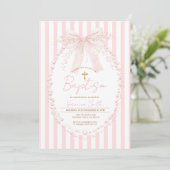 Pink Bow Blush Cross Stripes Baptism Invitation 招待状 (スタンド正面)