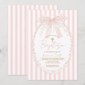 Pink Bow Blush Cross Stripes Baptism Invitation 招待状 (正面/裏面)