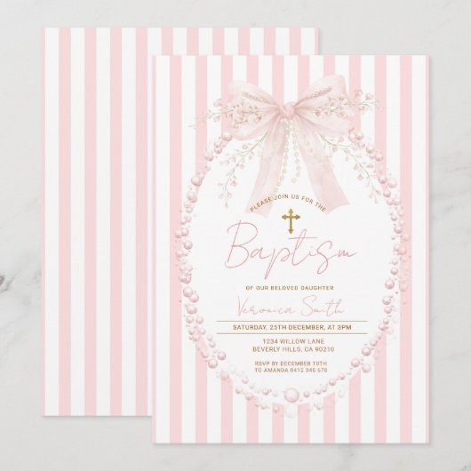 Pink Bow Blush Cross Stripes Baptism Invitation 招待状 (正面/裏面)