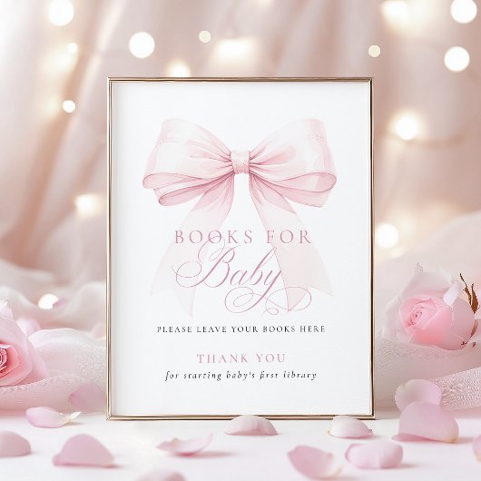 Pink Bow Books for Baby Shower Sign ポスター