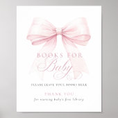 Pink Bow Books for Baby Shower Sign ポスター (正面)