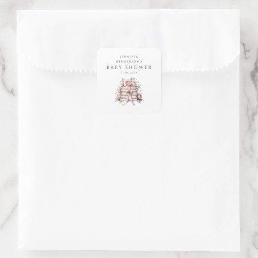 Pink Bow Bookstack Baby Shower スクエアシール (バッグ)