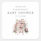 Pink Bow Bookstack Baby Shower スクエアシール (正面)