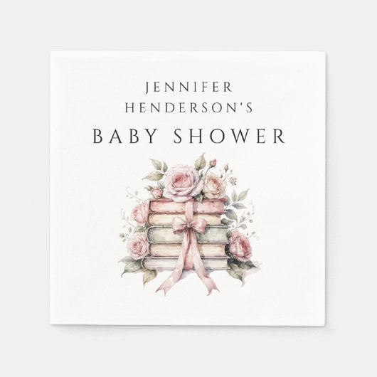 Pink Bow Bookstack Baby Shower スタンダードカクテルナプキン (正面)