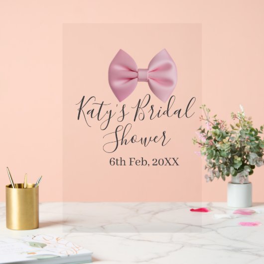 Pink bow bridal shower name date pastel stylish te アクリルサイン (ウェディング)