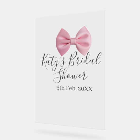 Pink bow bridal shower name date pastel stylish te アクリルサイン (傾斜)
