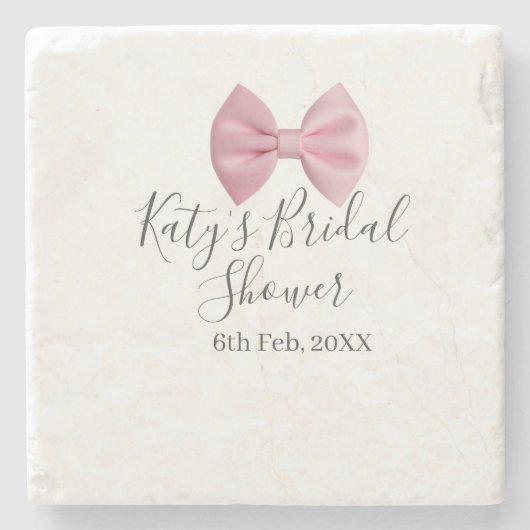 Pink bow bridal shower name date pastel stylish te ストーンコースター (正面)