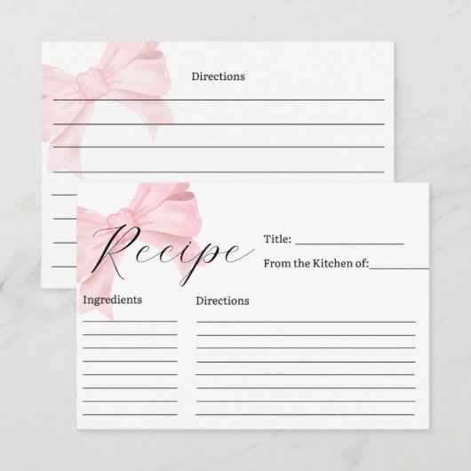 Pink Bow Bridal Shower Recipe Card サンキューカード (正面/裏面)