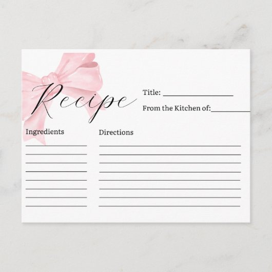 Pink Bow Bridal Shower Recipe Card ポストカード (正面)