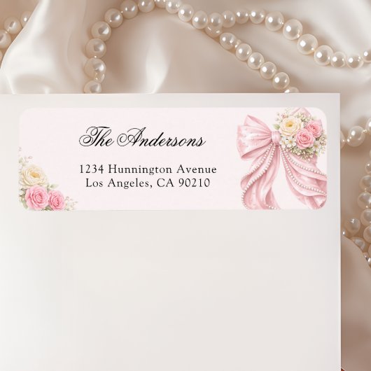 Pink Bow Bridal Shower Return Address Label ラベル