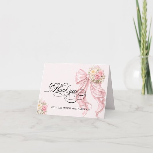 Pink Bow Bridal Shower Thank You Card サンキューカード (正面)
