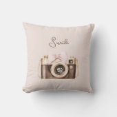 Pink Bow Brown Camera Smile クッション (正面)