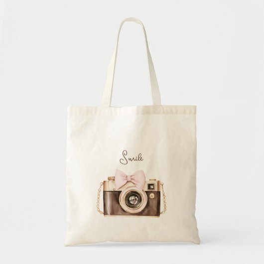 Pink Bow Brown Camera Smile トートバッグ (正面)