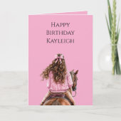 Pink Bow Brown Horse Brown Hair Girl Birthday カード (正面)