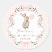 Pink Bow Bunny Balloon Girl Birthday Party ラウンドシール (正面)