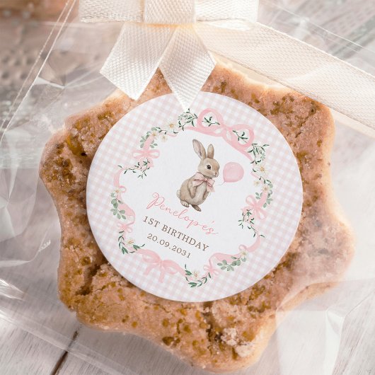 Pink Bow Bunny Balloon Girl Birthday Party ラウンドシール