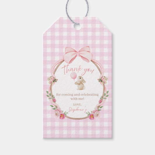 Pink Bow Bunny Floral Balloon Birthday Thank You ギフトタグ (正面)