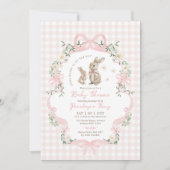 Pink Bow Bunny Gingham Floral Girl Baby Shower 招待状 (正面)