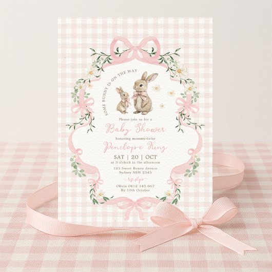 Pink Bow Bunny Gingham Floral Girl Baby Shower 招待状