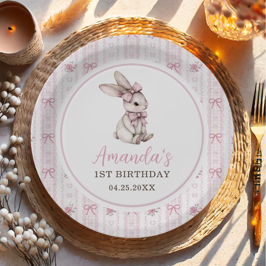 Pink Bow Bunny Vintage Rabbit 1st Birthday ペーパープレート