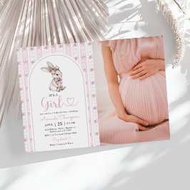 Pink Bow Bunny Vintage Rabbit Baby Shower Photo 招待状