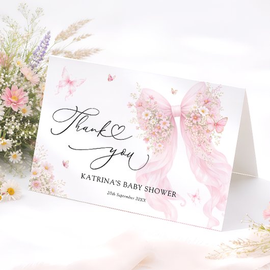 Pink Bow Butterfly Baby Shower Thank You Card サンキューカード