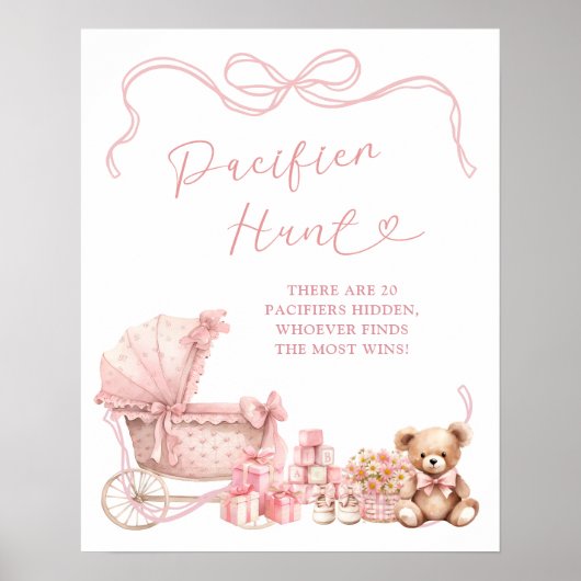 Pink Bow Carriage Baby Shower Pacifier Hunt Poster ポスター (正面)