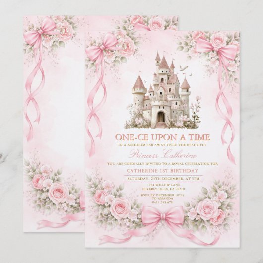 Pink Bow Castle First Birthday 招待状 (正面/裏面)