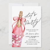 Pink Bow Champagne Bottle New Year's Eve Party 招待状 (正面)