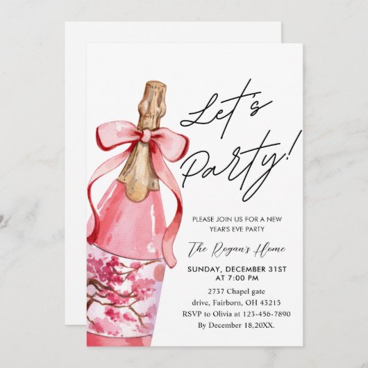 Pink Bow Champagne Bottle New Year's Eve Party 招待状 (正面/裏面)