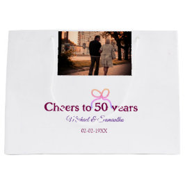 Pink bow cheers to 50 years anniversary wedding  ラージペーパーバッグ