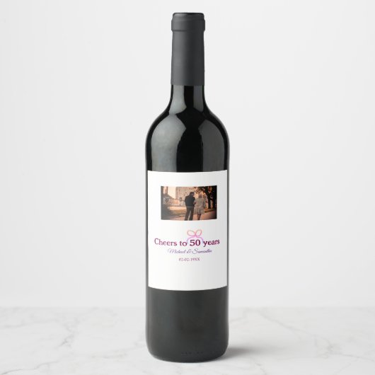 Pink bow cheers to 50 years anniversary wedding  ワインラベル (正面)