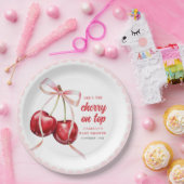 Pink Bow Cherry Baby Shower Paper Plate ペーパープレート (パーティー)