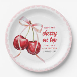 Pink Bow Cherry Baby Shower Paper Plate ペーパープレート
