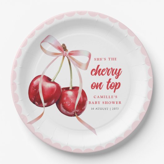 Pink Bow Cherry Baby Shower Paper Plate ペーパープレート (正面)