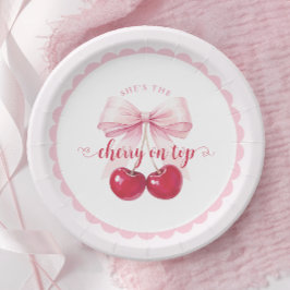 Pink Bow Cherry Baby Shower Paper Plates ペーパープレート