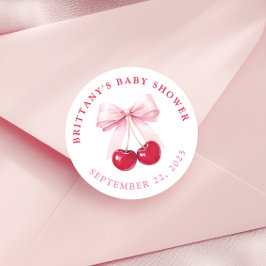 Pink Bow Cherry Baby Shower Round Stickers ラウンドシール