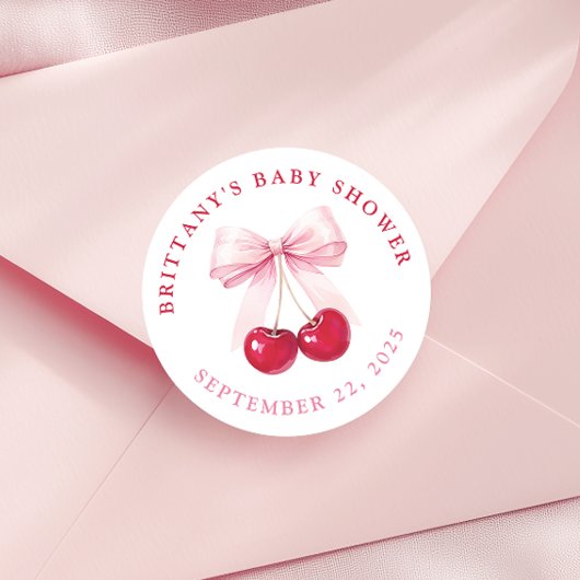 Pink Bow Cherry Baby Shower Round Stickers ラウンドシール