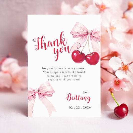 Pink Bow Cherry Baby Shower Thank You Card サンキューカード