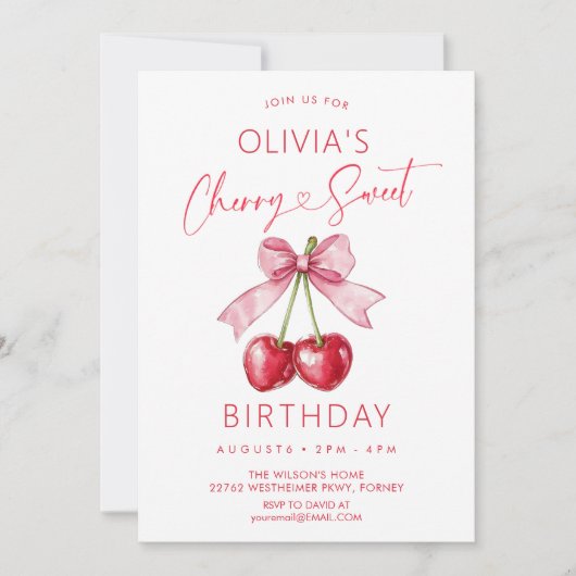 Pink bow cherry girl birthday 招待状 (正面)