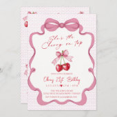 Pink bow cherry ribbon girl birthday Party 招待状 (正面/裏面)