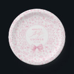 Pink Bow Chinoiserie Wildflowers Baby Shower  ペーパープレート<br><div class="desc">This lovely baby shower paper plate features a soft pastel pink palette and a delicate coquette-inspired bow that creates an elegant focal point. The design is surrounded by whimsical line illustrations of birds, wildflowers, butterflies and tiny ribbons, giving it a romantic storybook garden feel that aligns beautifully with popular vintage...</div>