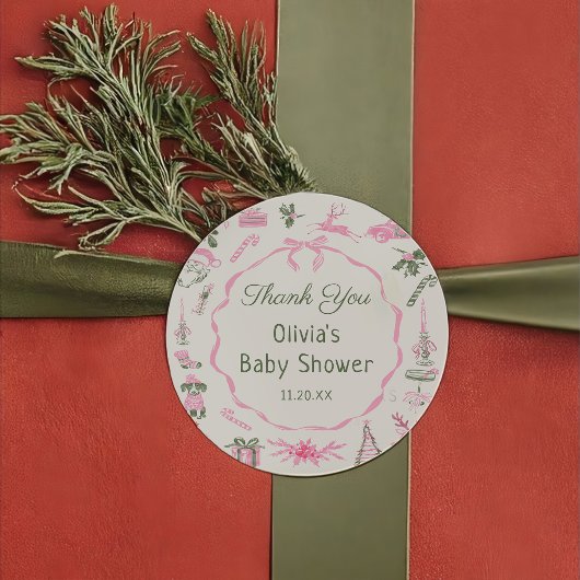 Pink Bow Christmas Baby Shower Sticker ラウンドシール