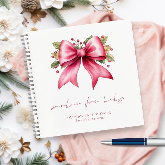PInk Bow Christmas Baby Shower Wishes Guest Book ノートブック