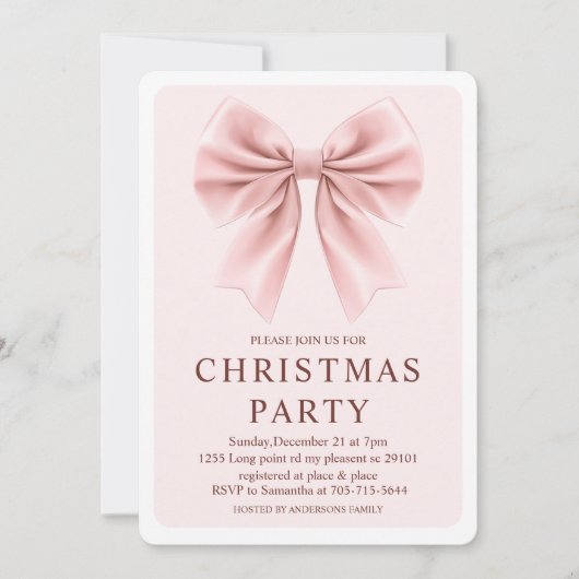 Pink Bow Christmas Party | Elegant Holiday 招待状 (正面)