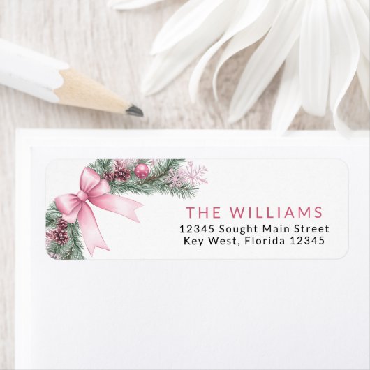Pink Bow Christmas Return Address Labels ラベル (インサイチュ)