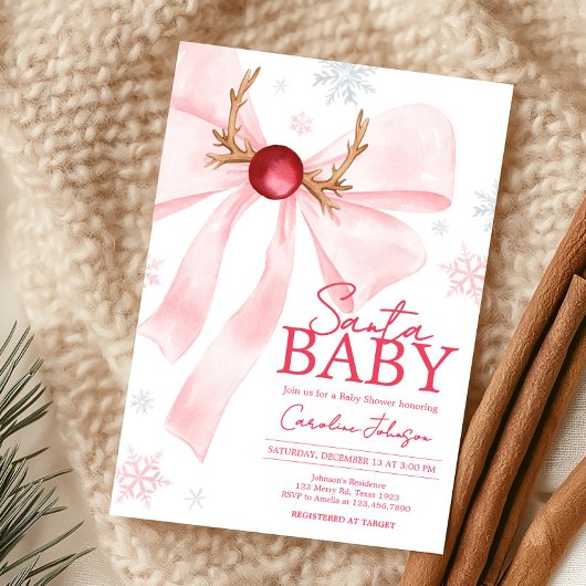 Pink Bow Christmas Snowflakes Baby Shower 招待状