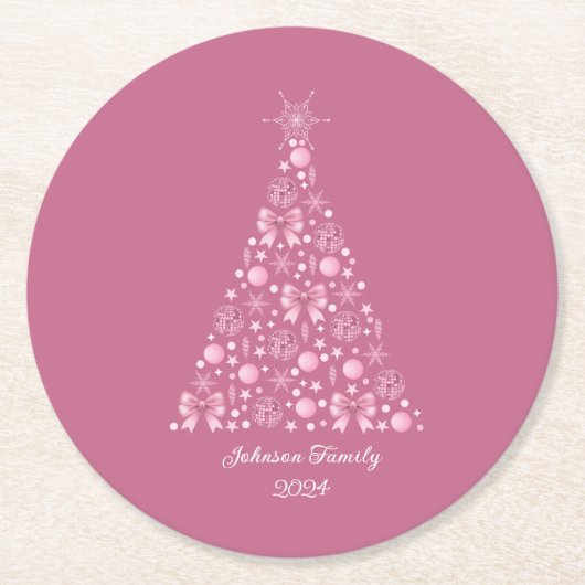 Pink Bow Christmas Tree ラウンドペーパーコースター (正面)