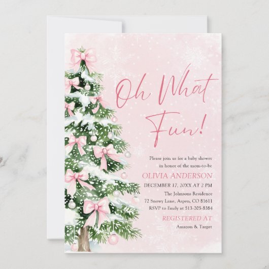 Pink Bow Christmas Tree Oh What Fun Baby Shower 招待状 (正面)