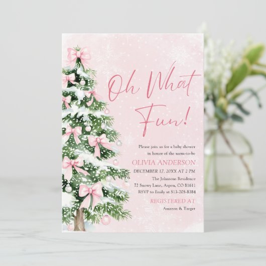 Pink Bow Christmas Tree Oh What Fun Baby Shower 招待状 (スタンド正面)
